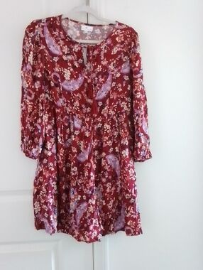 True Craft Burgundy Paisley Floral Long Sleeve Womens Dress